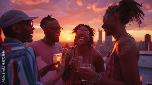 A diverse group of friends enjoying a rooftop party at sunset, with the city skyline in the background. They are laughing, clinking glasses, and having a good time, capturing the essence of urban photo