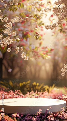 3d podium stage in the flowers background, in the nature 