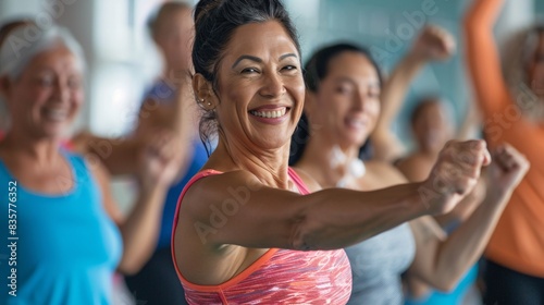 A group fitness class featuring people of different ages and fitness levels, led by a dynamic instructor. The bright, spacious gym provides the perfect backdrop for a session focused on health,