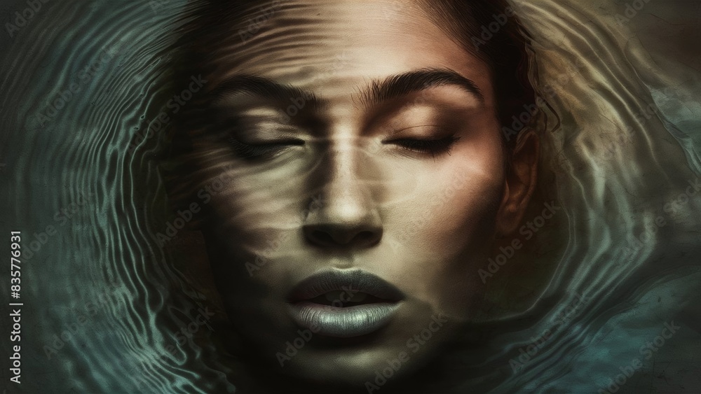 A woman's face with closed eyes and slightly parted lips. Intricate patterns of water ripples are artfully applied to the face, giving the image airiness and fabulousness.