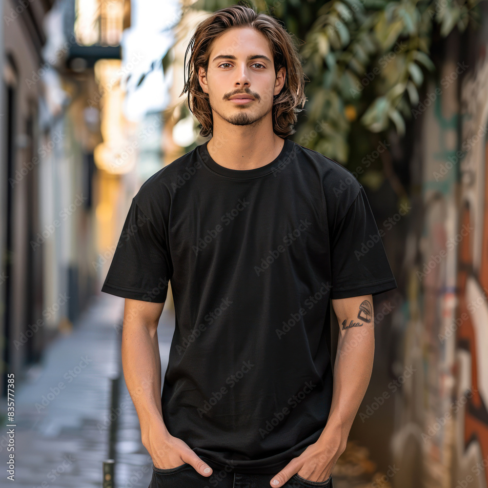 full body view of fit man wearing black T-shirt mockup full body view of fit man wearing black T-shirt mockup