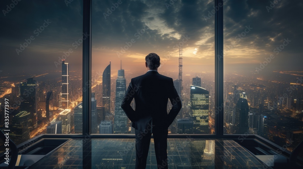Photograph of a seasoned male CEO, exuding an aura of authority and success, as he overlooks his sprawling company headquarters. Photograph of a seasoned male CEO, exuding an aura of authority and success, as he overlooks his sprawling company headquarters.