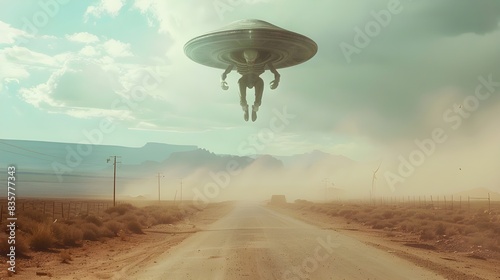 A massive extraterrestrial being floats in the air over a dusty road