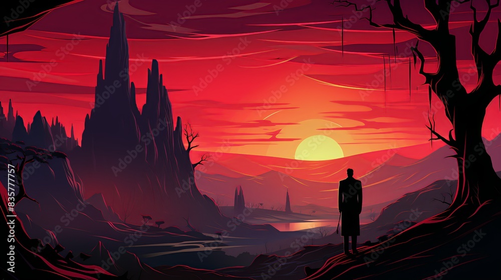 Φωτογραφία The businessman standing on an alien planet, his suit contrasting with the red rocky landscape, facing a menacing demon with glowing eyes emerging from a cave