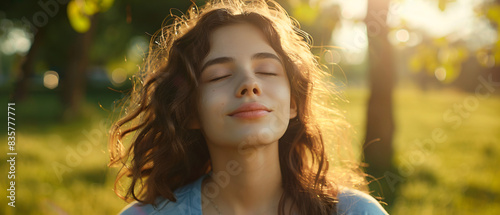 Portrait of a beautiful young woman relaxing in nature with her eyes closed photo