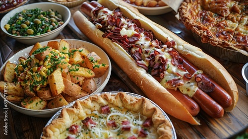 A long tabletop spread featuring a variety of American comfort foods, including hot dogs piled high with fresh toppings, a Reuben sandwich oozing with melted cheese and corned beef, and a slice of