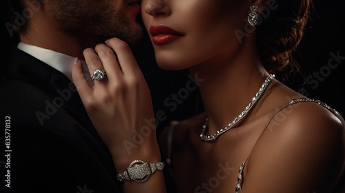 man and woman wearing diamonds rings posing for a valentine magazine shot photo