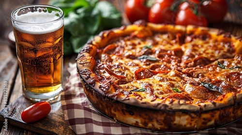 A rustic wooden table setting with a steaming hot Chicago deep-dish pizza, its deep crust overflowing with melted cheese and savory toppings. Beside it, a glass of beer with a frosty condensation