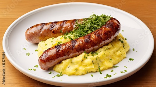 A clean, modern design of a Bavarian sausage on a plate with mustard, a classic Oktoberfest dish