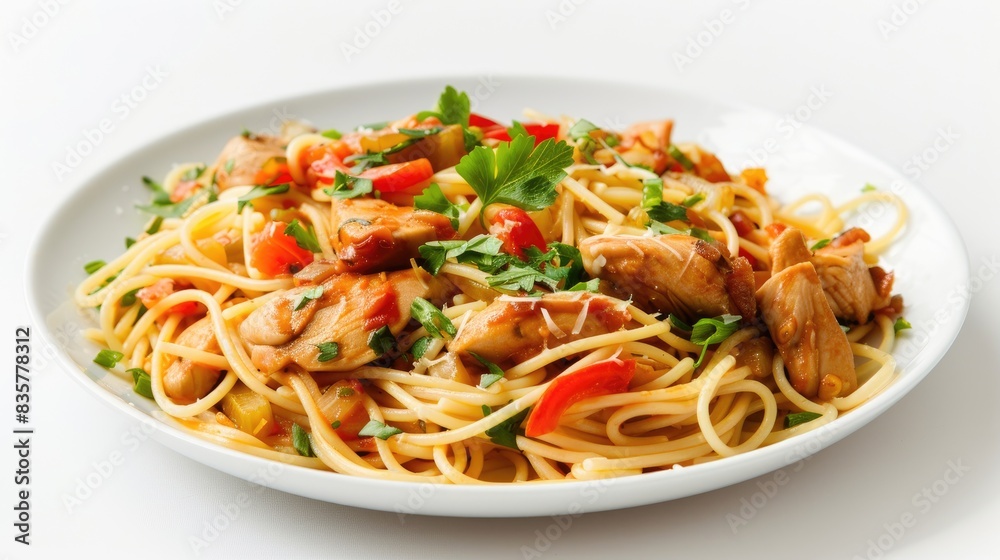 Isolated plate of spaghetti and chicken stew Isolated plate of spaghetti and chicken stew