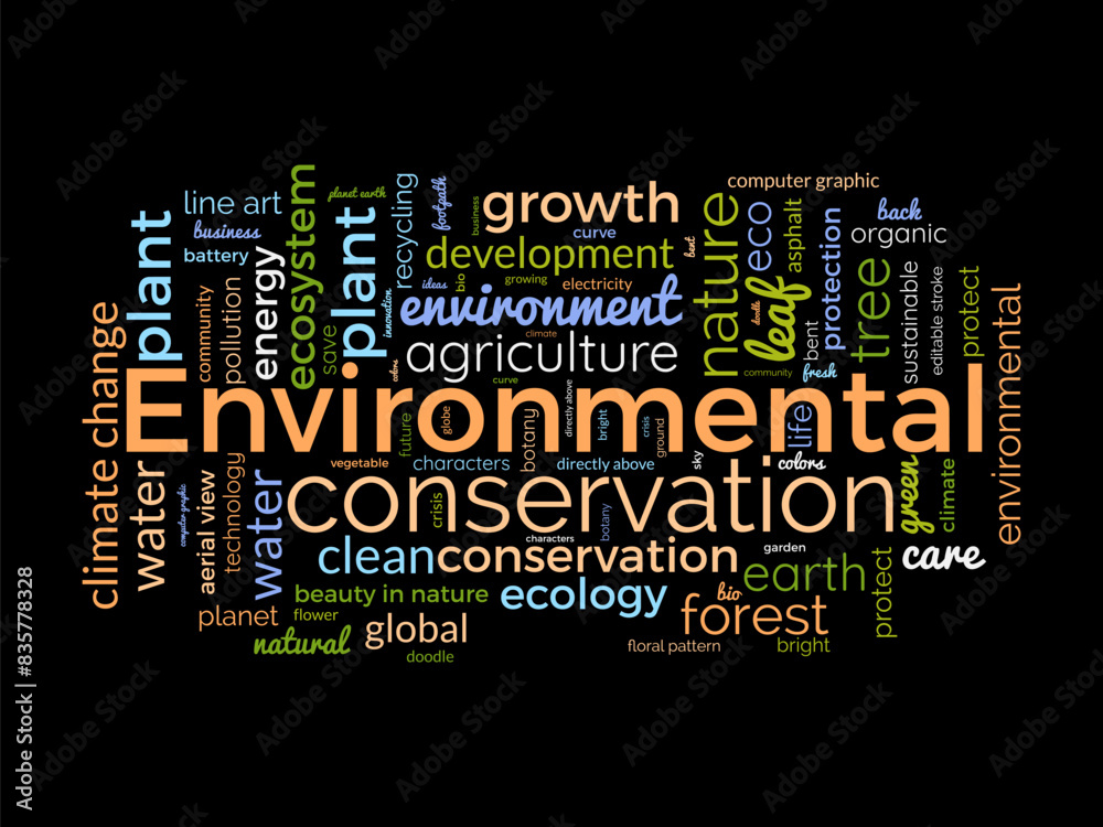 Environmental conservation word cloud template. Nature conservation concept vector tagcloud background. Environmental conservation word cloud template. Nature conservation concept vector tagcloud background.