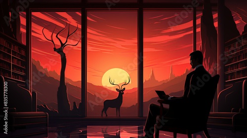 The businessman studying ancient texts and scrolls in a grand library, the illustrations depicting demons and their banishment rituals. Painting Illustration style, Minimal and Simple,