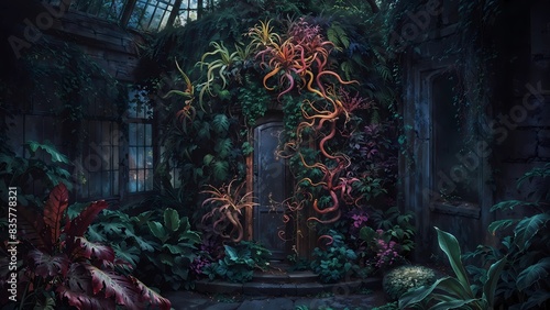 Overgrown greenhouse with vibrant, exotic plants and a secret door