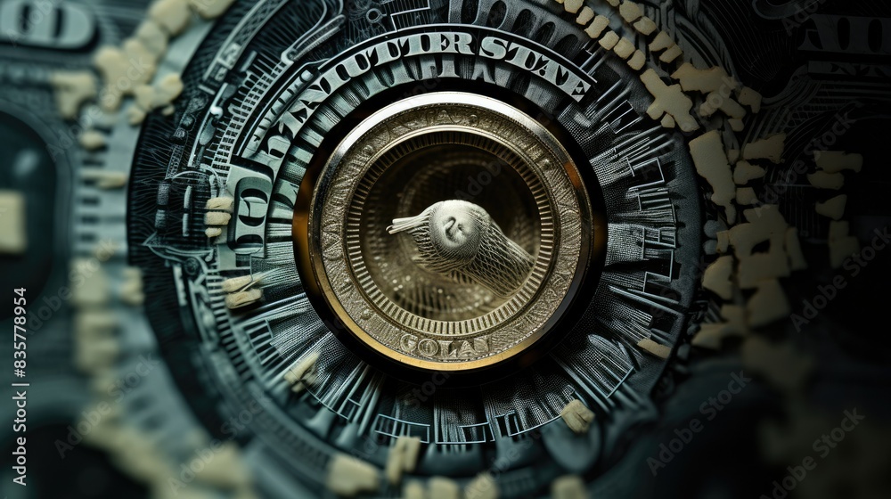 Photograph of a US dollar bill caught in a macro lens, revealing the microscopic details and hidden patterns within the bill's design 
