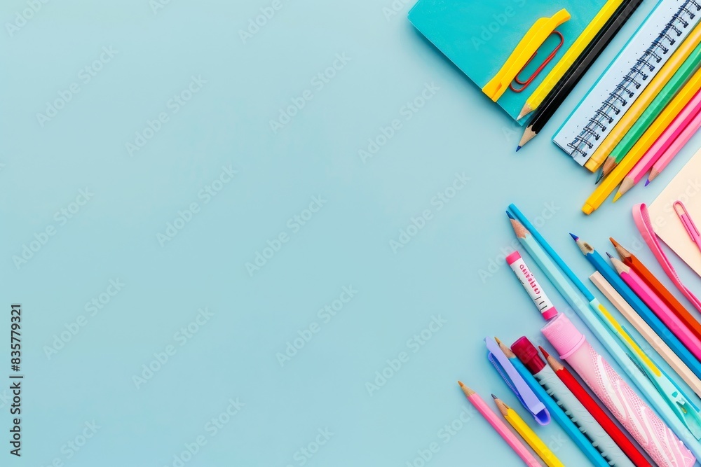 Fototapeta premium Colorful school supplies on a blue background are perfect for education and creativity, including notebooks, markers, pens, and pencils, enhancing learning, organization, and artistry