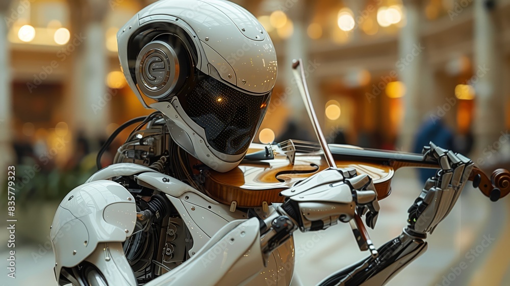 A robot skillfully playing the violin inside a contemporary building, showcasing the fusion of technology and music. A robot skillfully playing the violin inside a contemporary building, showcasing the fusion of technology and music.