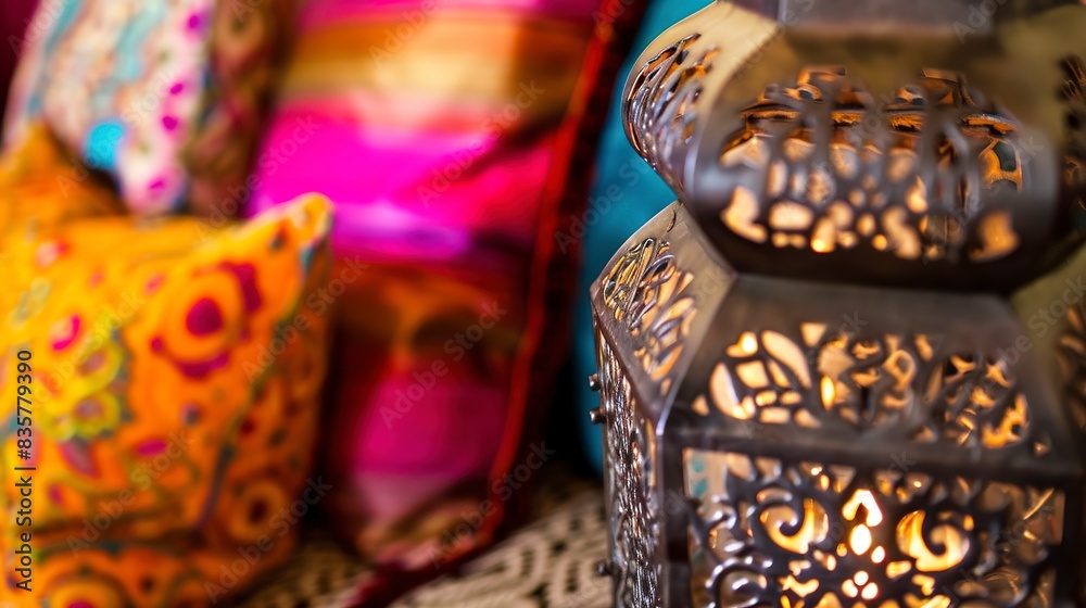 Moroccan themed lounge, close-up on intricate metal lantern and colorful throw pillows, warm light 