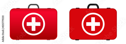 Red First Aid kit. Medical car emergency kit. Red medical kit.