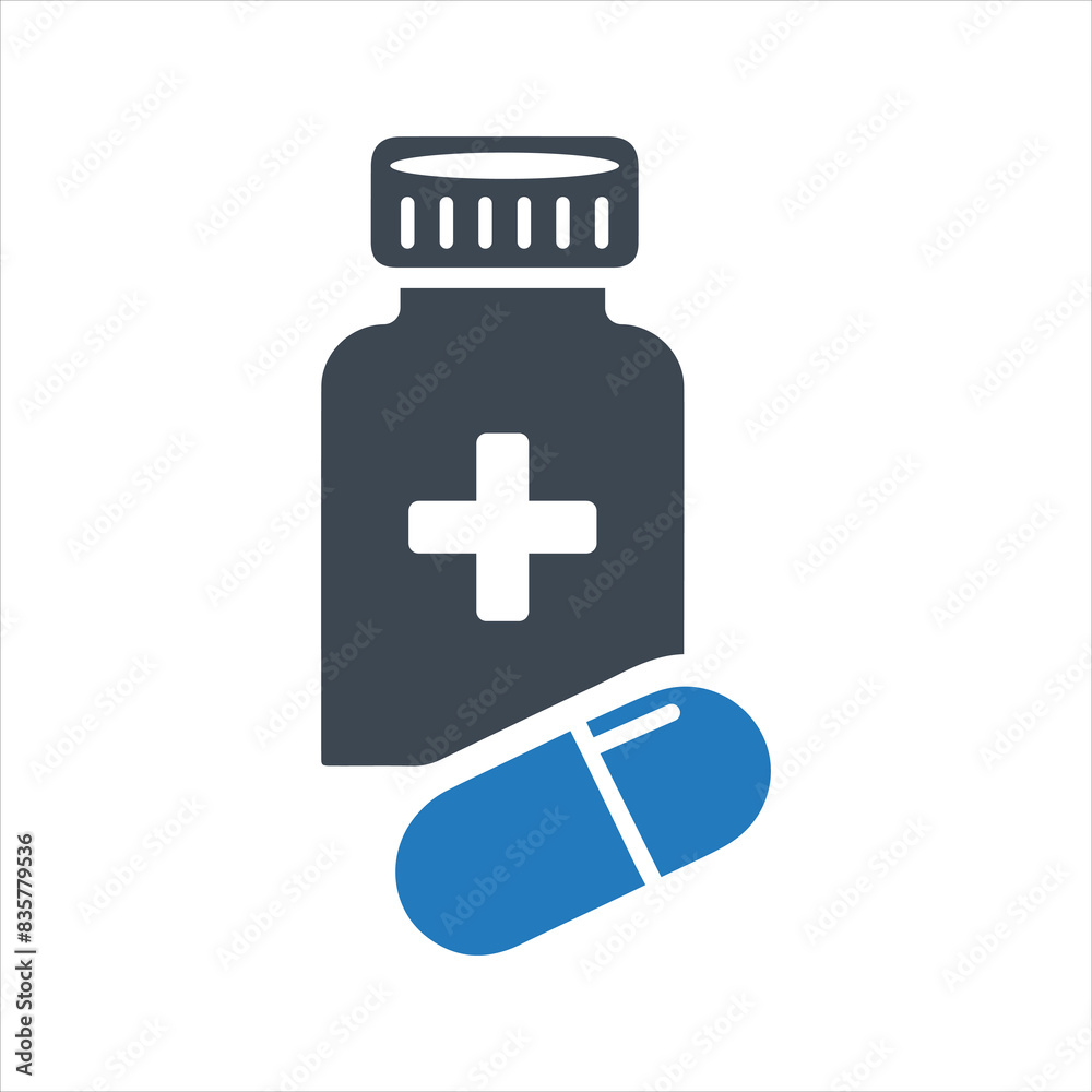 Medication icon. Medicine bottle and capsule icon Medication icon. Medicine bottle and capsule icon