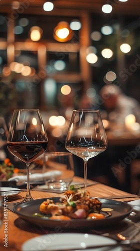 Indulging in a tasting menu at a Michelinstarred restaurant, selective focus, elegant theme, vibrant, blend mode, modern dining backdrop © Nathakorn