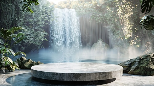 3d podium stage in the waterfall background 