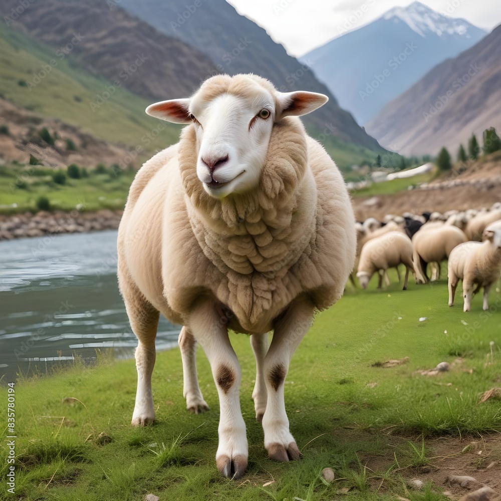beautiful different eid ul azha  sheep eating the grace in the field near the river and mountain 

