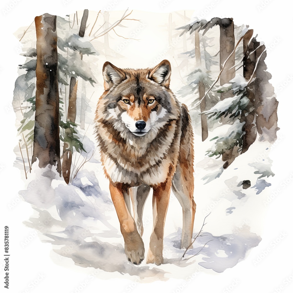 Naklejka premium Wolf walking in snowy forest watercolor clipart illustration on white background