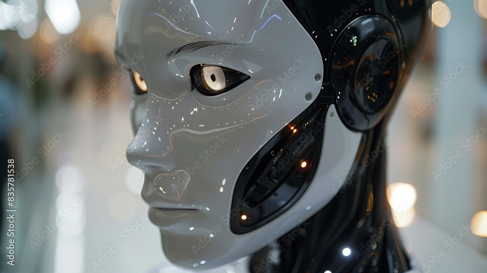 Detailed shot showing a robot head on display inside a store, showcasing intricate design features and technology. Detailed shot showing a robot head on display inside a store, showcasing intricate design features and technology.