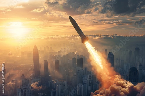 An intercontinental missile is about to hit the city, real photo  photo