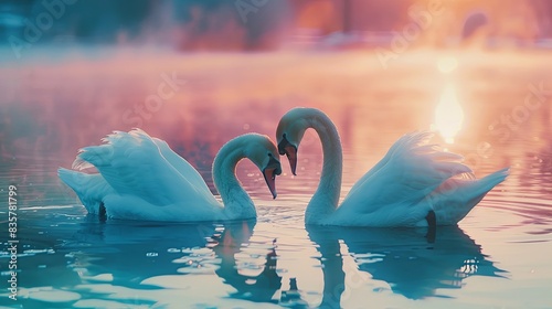 beautiful ultra realistic photo, beautiful blue lake, pale peach sunrise, close-up, two swans next to each other spinning on the water with their heads bowed to each other, 