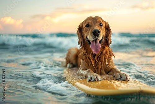 photo of a cool dog while surfing with his tongue out 