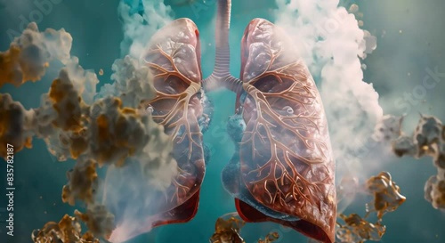 A comprehensive medical illustration, ideal for a module cover, depicting the interior of human lungs impacted by COPD, emphasizing inflamed and damaged lung tissue