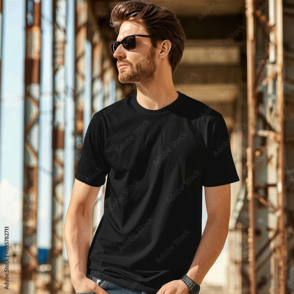 Full body view of fit man wearing black T-shirt mockup Full body view of fit man wearing black T-shirt mockup
