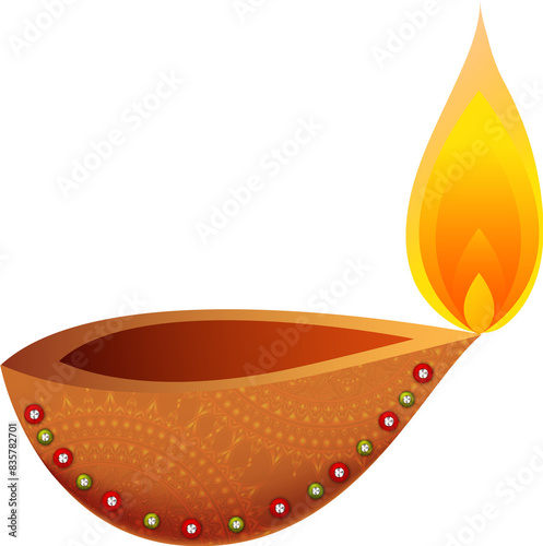 Isolated Fancy Clay Diya (Oil Lamp) Decorative Stone for Diwali Festival Element Png.