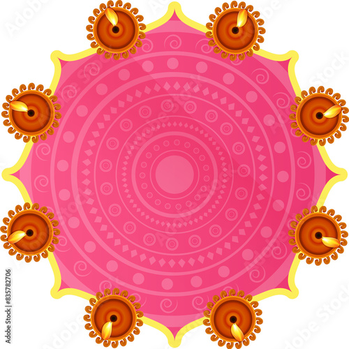 Top View of Pink Rangoli Decorate with Lit Diya Png Element for Diwali Festival.