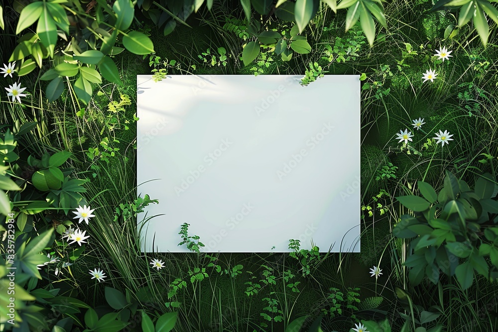 top down, 3d rendering white board in the grass and flowers background, summer time top down, 3d rendering white board in the grass and flowers background, summer time