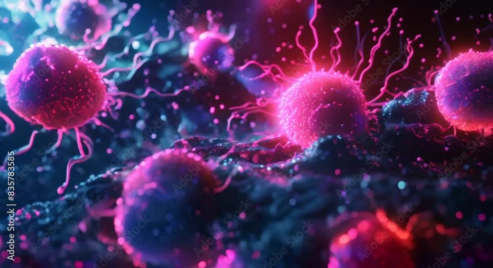 A conceptual visualization of intestinal cancer cell analysis, where micro and macro views are accentuated with vaporwave inspired neon hues for better clarity and impact A conceptual visualization of intestinal cancer cell analysis, where micro and macro views are accentuated with vaporwave inspired neon hues for better clarity and impact