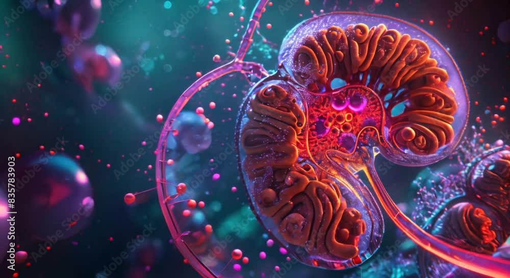 A comprehensive visualization that transitions from a macroscopic overview of the kidney to a detailed microscopic view of the nephrons and surrounding cells A comprehensive visualization that transitions from a macroscopic overview of the kidney to a detailed microscopic view of the nephrons and surrounding cells