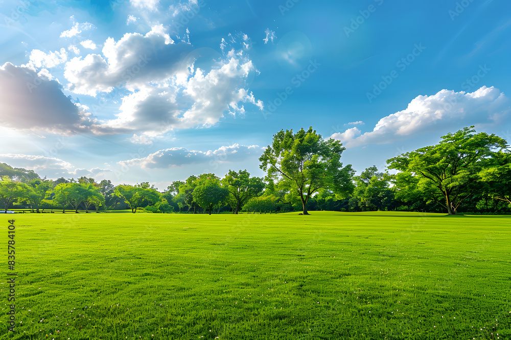 Beautiful blurred background image of spring nature with a neatly trimmed lawn surrounded by trees against a blue sky with clouds on a bright sunny day. Beautiful blurred background image of spring nature with a neatly trimmed lawn surrounded by trees against a blue sky with clouds on a bright sunny day.