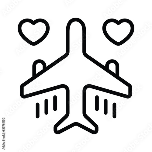 Airplane with heart denoting icon of honeymoon travel, ready to use vector