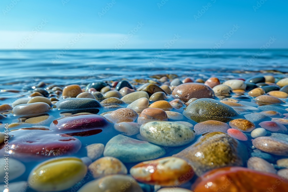 A close-up view of a pebble beach, with smooth, colorful stones glistening wet from the ocean under a clear blue sky.