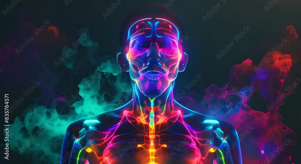 A conceptual art piece featuring a chest Xray of a healthy man, where each organ, including the diaphragm, is accentuated with neon, blending medical imaging with modern aesthetics A conceptual art piece featuring a chest Xray of a healthy man, where each organ, including the diaphragm, is accentuated with neon, blending medical imaging with modern aesthetics
