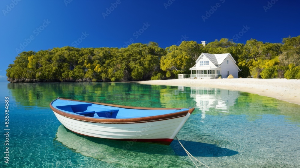 A beach that conveys the essence of paradise. The boat rests on sparkling crystal clear water reflecting the lush vegetation of the nearby island, creating a feeling of solitude and serenity. A beach that conveys the essence of paradise. The boat rests on sparkling crystal clear water reflecting the lush vegetation of the nearby island, creating a feeling of solitude and serenity.