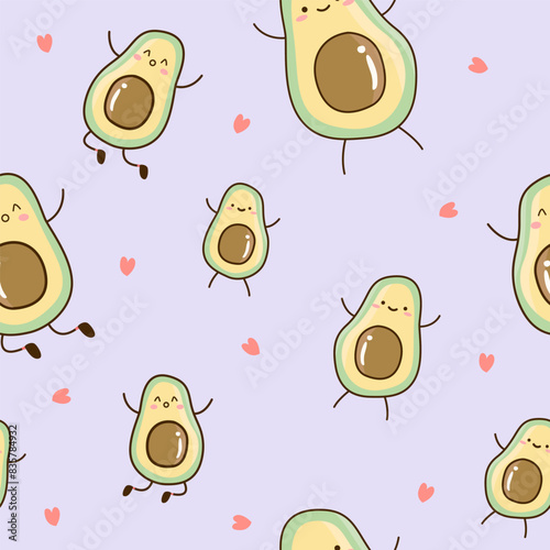 Cute sliced avocado and pink hearts seamless pattern on purple background