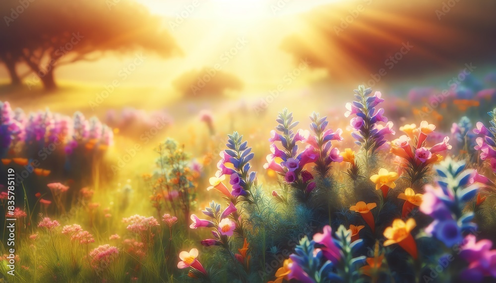 Obraz premium A sunny meadow filled with blooming Brazos Penstemon flowers