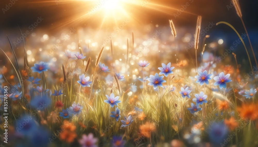 A sunny meadow filled with blooming Narrowleaf Blue-Eyed Grass flowers A sunny meadow filled with blooming Narrowleaf Blue-Eyed Grass flowers
