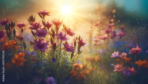 A sunny meadow filled with blooming Tradescantias flowers © monkik.