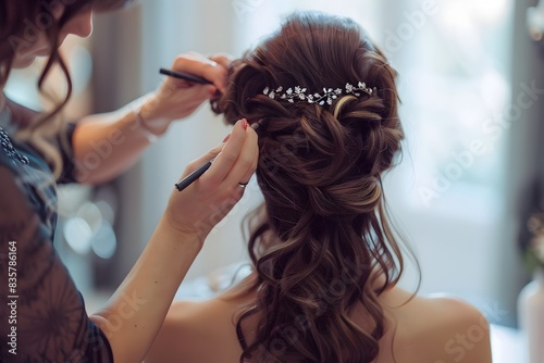Hairstylist Carefully Styling Client s Hair for a Special Event like Prom or Wedding photo