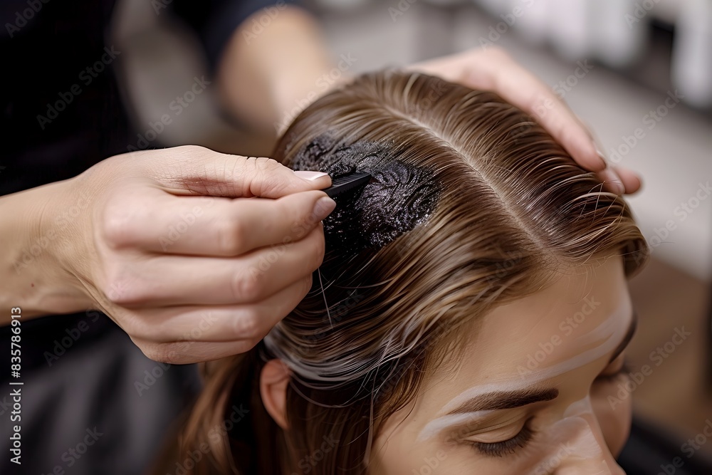 Naklejka premium Hairstylist Performing Root Touch up to Cover Gray Hair in Salon
