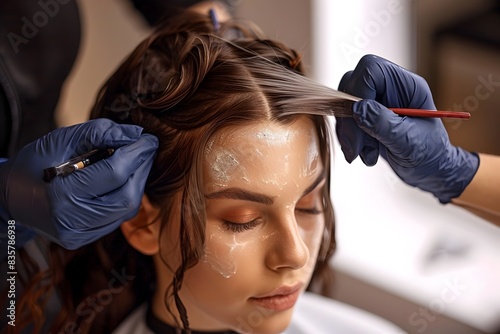 Hairstylist Performing Root Touch Up to Cover Gray Hair in Professional Salon Setting